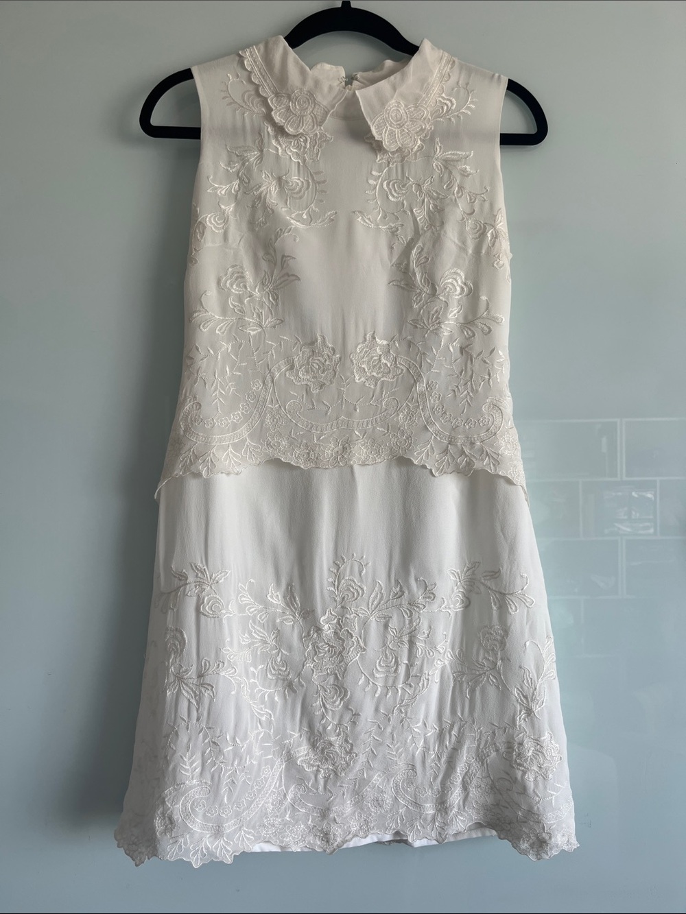 Ivory Embroidered Silk Dress Sheer Overlay Lined Vintage Style XS Small